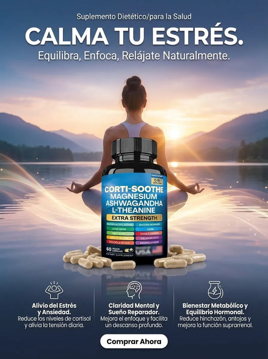 Corti-Soothe™ – Cápsulas de Ashwagandha, Magnesio y L-Teanina para Reducir Estrés, Grasa Abdominal y Sueño (60 Cápsulas)