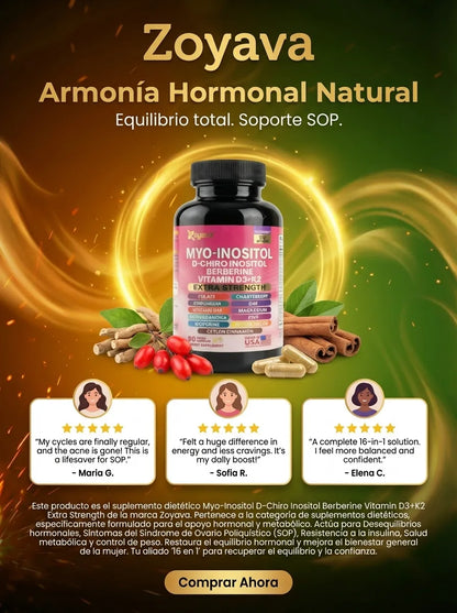 Myo-Inositol - Fórmula 16 en 1 de D-Chiro Inositol y Berberina para el Equilibrio Hormonal y Energía (90 Cápsulas)